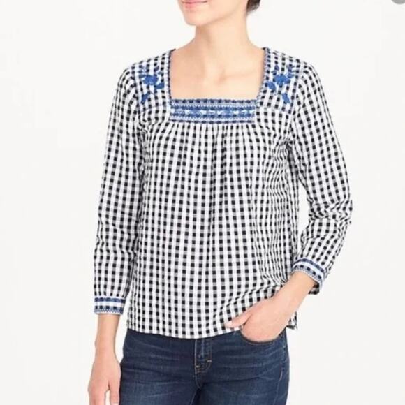 J. Crew Factory Gingham Embroidered Square Neck Blouse cotton peasant boho M - Picture 1 of 15